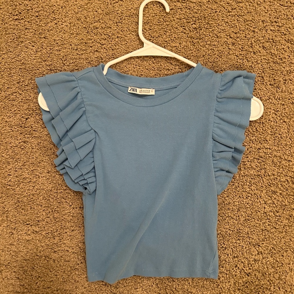 Blue Ruffle Sleeve Cropped Zara Top
